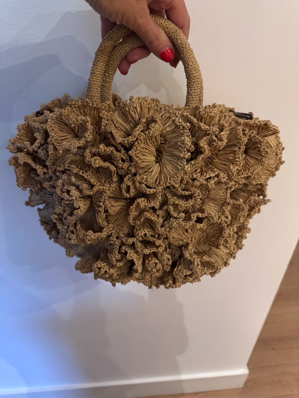 Authentic Ibeliv brand Handcrafted Ruffle Straw Tote Bag - Tan/natural